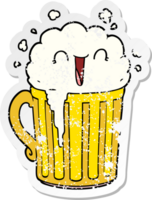 distressed sticker of a happy cartoon mug of beer png