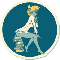 sticker of tattoo in traditional style of a pinup girl sitting on books png