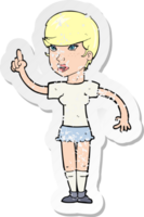 retro distressed sticker of a cartoon woman with idea png