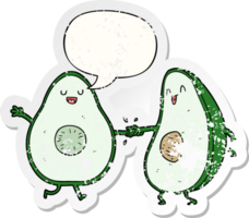 cartoon dancing avocados with speech bubble distressed distressed old sticker png