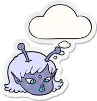 cartoon alien space girl face with thought bubble as a printed sticker png