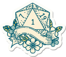 sticker of a natural one d20 dice roll png