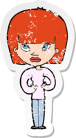 retro distressed sticker of a cartoon woman gesturing at herself png