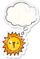 cartoon sun with thought bubble as a distressed worn sticker png