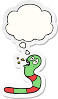 cartoon frightened worm with thought bubble as a printed sticker png