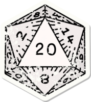 grunge sticker of a natural 20 D20 dice roll png