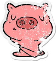 distressed sticker of a cartoon content pig png