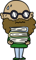 dessin animé homme inquiet avec barbe et pile de livres png