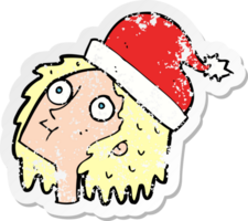 retro distressed sticker of a cartoon woman wearing christmas hat png