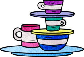 hand drawn textured cartoon doodle of colourful bowls and plates png