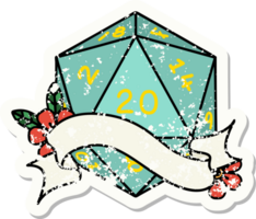 grunge sticker of a natural twenty D20 dice roll png