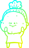 cold gradient line drawing of a cartoon happy old woman png