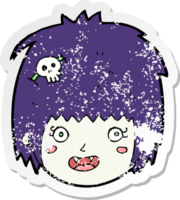 pegatina retro angustiada de una cara de niña vampiro feliz de dibujos animados png