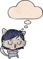 dibujos animados gato niña con pensamiento burbuja en grunge textura estilo png