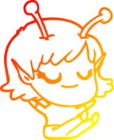 warm gradient line drawing of a smiling alien girl cartoon sitting png