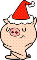 happy hand drawn comic book style illustration of a pig wearing santa hat png