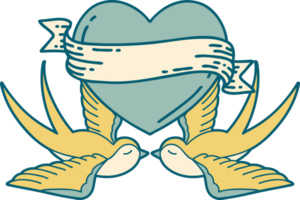 imagem icônica do estilo tatuagem de andorinhas e um coração com banner png
