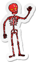 retro distressed sticker of a cartoon waving skeleton png