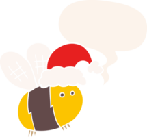 cute cartoon bee wearing christmas hat with speech bubble in retro style png