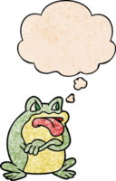 grumpy cartoon frog with thought bubble in grunge texture style png