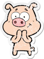 distressed sticker of a happy cartoon pig png