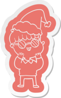 quirky cartoon  sticker of a boy wearing spectacles wearing santa hat png