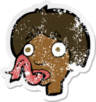 retro distressed sticker of a cartoon head sticking out tongue png