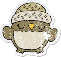 autocollant en détresse d'un hibou de dessin animé mignon au chapeau png