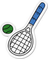 mano disegnato etichetta cartone animato scarabocchio tennis racchetta e palla png