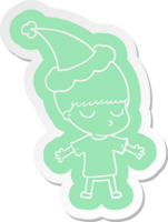 quirky cartoon  sticker of a calm boy wearing santa hat png