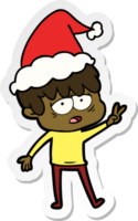 hand drawn sticker cartoon of a exhausted boy wearing santa hat png