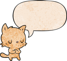 linda dibujos animados gato con habla burbuja en retro textura estilo png