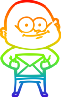 rainbow gradient line drawing of a cartoon bald man staring with letter png