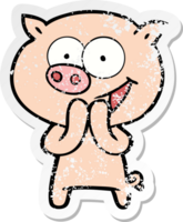 distressed sticker of a cheerful pig cartoon png