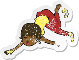 retro distressed sticker of a cartoon woman floating png