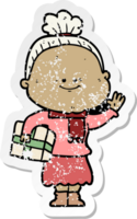 distressed sticker of a cartoon happy old woman png