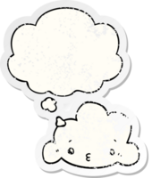 mignonne dessin animé nuage avec pensée bulle comme une affligé usé autocollant png