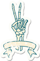 worn old sticker with banner of a skeleton giving a peace sign png