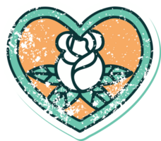 image emblématique de style tatouage autocollant en détresse d'un coeur et de fleurs png