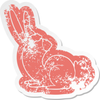 cute quirky cartoon distressed sticker of a rabbit wearing santa hat png