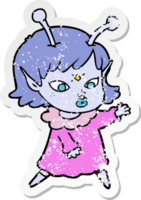 distressed sticker of a pretty cartoon alien girl png
