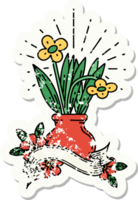 Abgenutzter alter Aufkleber mit Blumen im Tattoo-Stil in Vase png