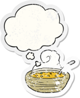 cartoon bowl of hot soup with thought bubble as a distressed worn sticker png