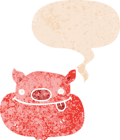 cartoon happy pig face with speech bubble in grunge distressed retro textured style png