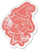 happy quirky cartoon distressed sticker of a dog wearing santa hat png