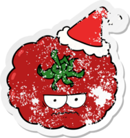 mano dibujado afligido pegatina dibujos animados de un enojado tomate vistiendo Papa Noel sombrero png