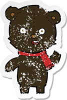 retro distressed sticker of a cartoon waving black bear cub with scarf png