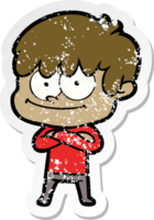 distressed sticker of a happy cartoon man png