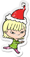 hand- getrokken verontrust sticker tekenfilm van een vrouw vervelend de kerstman hoed png