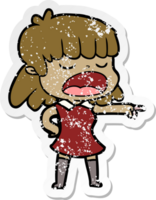 distressed sticker of a cartoon woman talking loudly png